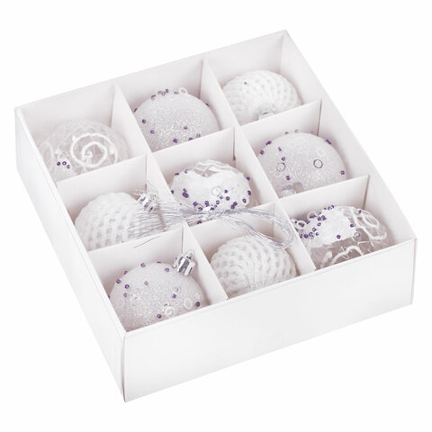Шары ёлочные 9 шт., 6 см, "Crystal Silence", пластик, цвет: белый/серебристый, ЗОЛОТАЯ СКАЗКА, 591988