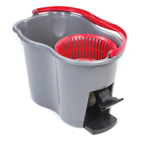 Швабра с отжимом и ведром 14л/7л, центрифуга отжим педалью, 2 круглые насадки, крепление кольцо, серо-красный, LAIMA, 603622