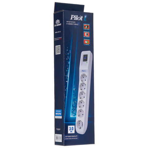 Сетевой фильтр PILOT "L", 5 компьютерных розеток + 1 бытовая розетка, 3 м, белый