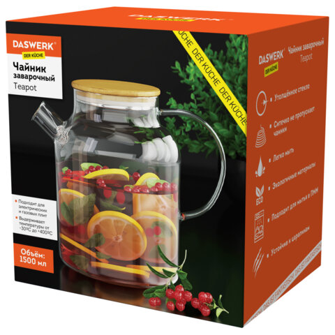 Чайник заварочный 1500 мл "Бочонок", жаропрочное стекло, спиральное сито, DASWERK (ДАСВЕРК), 608645
