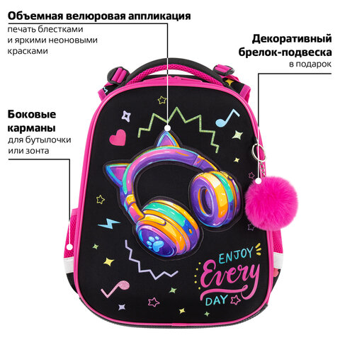 Ранец BRAUBERG PREMIUM, 2 отделения, с брелоком, "Headphones", велюровая нашивка, 38х29х16 см, 273100