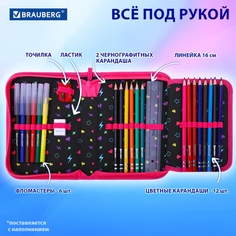 Пенал BRAUBERG с наполнением, 1 отделение, 1 откидная планка, 24 предмета, 21х14 см, "Headphones", 273531