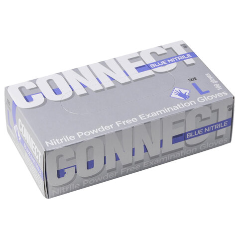 Перчатки смотровые нитриловые 50 пар (100 штук), CONNECT, голубые, размер 8-9, L (большой)