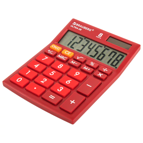 Калькулятор настольный BRAUBERG ULTRA-08-WR, КОМПАКТНЫЙ (154x115 мм), 8 разрядов, двойное питание, БОРДОВЫЙ, 250510