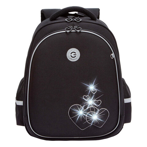 Ранец GRIZZLY анатомическая спинка, c брелоком, для девочек, "HEARTS", чёрный 36х28х20 см, RAz-586-5/1