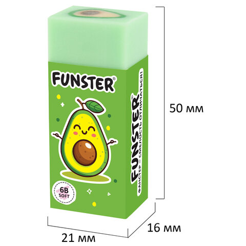 Ластик FUNSTER (ФАНСТЕР) "AVOCADO", 50х21х16 мм, прямоугольный, картонный держатель, экологичный ПВХ, ассорти, 272723