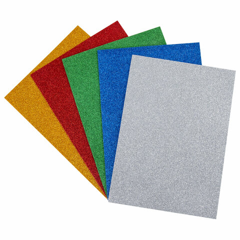 Пористая резина/фоамиран А4, 2 мм, НАБОР, 5 листов, 5 цветов, яркие цвета, блестки, ЮНЛАНДИЯ, 662052