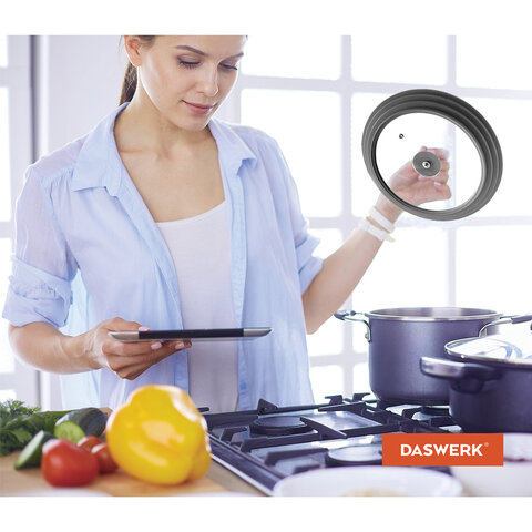 Крышка для любой сковороды и кастрюли универсальная 3 размера (22-24-26 см) серая, DASWERK (ДАСВЕРК), 607588