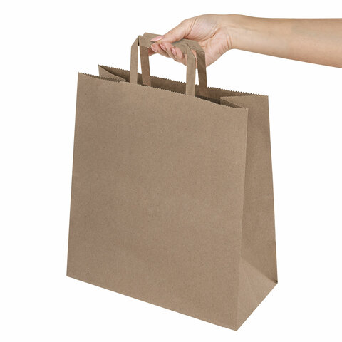 Крафт-пакет бумажный 24х14х29 см, КОМПЛЕКТ 50 шт., плоские ручки, плотность 90 г/м2, LAIMA ECO CRAFT, 609687