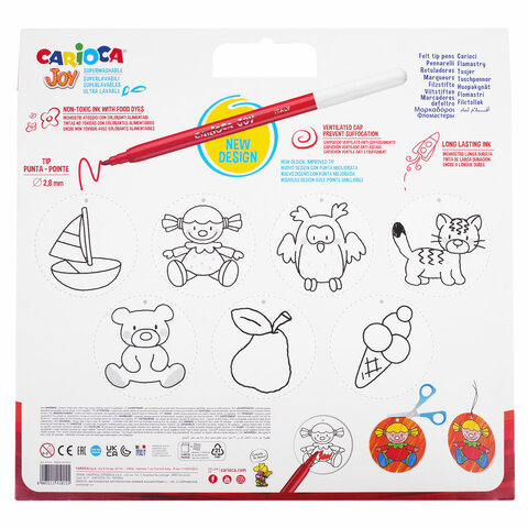 Фломастеры CARIOCA (Италия) "Joy", 60 шт., 30 цветов, суперсмываемые, картонная коробка с ручкой, 41015