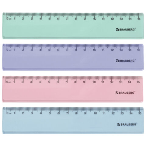 Линейка пластиковая 15 см BRAUBERG "PASTEL", тонированная, ассорти, 117012