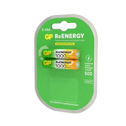 Батарейки аккумуляторные GP ReEnergy Ni-Mh мизинчиковые КОМПЛЕКТ 2 шт., ААА (HR03), 950 mAh, 100AAAHCRGY, 100AAAHCRGY-2CR