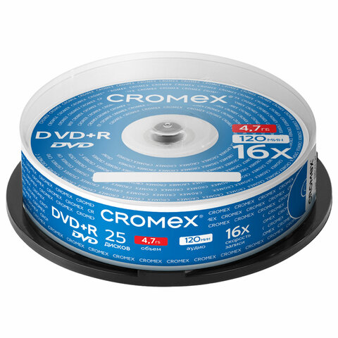 Диски DVD+R (плюс) CROMEX (КРОМЕКС), 4,7 Gb, 16x, Cake Box (упаковка на шпиле), КОМПЛЕКТ 25 шт., 513777