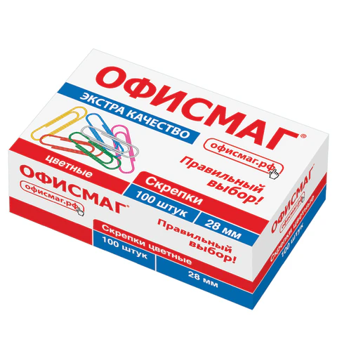 Скрепки ЭКСТРА ОФИСМАГ 28 мм цветные 100 штук, 271316