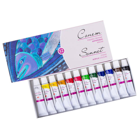 Краски акриловые художественные "Сонет", НАБОР 12 цветов по 10 мл, в тубах, Невская Палитра, 2841095