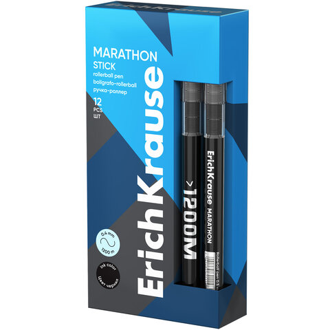 Ручка-роллер Erich Krause "Marathon", ЧЕРНАЯ, ДЛИНА ПИСЬМА 1200 м, узел 0,5 мм, линия письма 0,4 мм, 62111