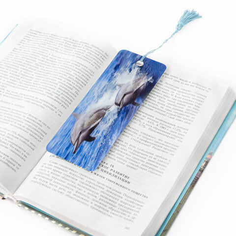 Закладка для книг с линейкой 3D-ОБЪЕМНАЯ BRAUBERG, "Дельфины", с декоративным шнурком, 128094