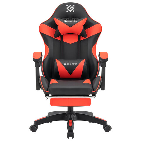 Кресло компьютерное DEFENDER "Tornado", 2 подушки, подставка для ног, экокожа, черное/красное, ш/к 26722, 64057