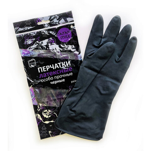 Перчатки МНОГОРАЗОВЫЕ латексные с хлопковым волокном Japan Style ЧЕРНЫЕ, размер 8-9, L (большой), вес 63 г, КП, 139593
