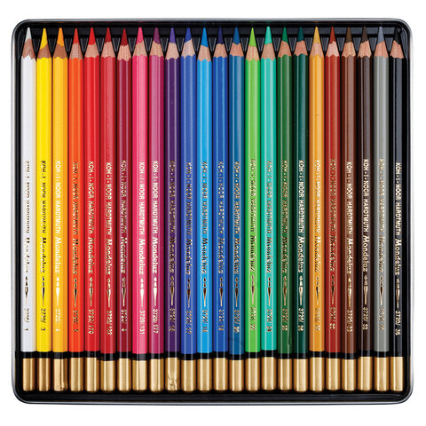Карандаши цветные акварельные художественные KOH-I-NOOR "Mondeluz", 24 цвета, 3,8 мм, заточенные, металлическая коробка, 3724024001PL