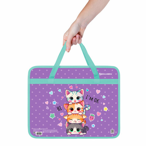 Папка на молнии с ручками BRAUBERG А4, 1 отделение, пластик, 80 мм, "Funny kittens", 273368