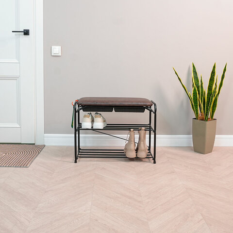 Банкетка для обуви "Альфа-23СЯ", 650х300х480 мм, 2 полки, ящик, металл/кожзам, черный/коричневый, ПДОА23СЯ Ч