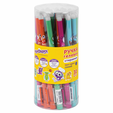 Ручка стираемая гелевая ЮНЛАНДИЯ "Монстрики", корпус ассорти, СИНЯЯ, узел 0,5 мм, линия письма 0,35 мм, 144242