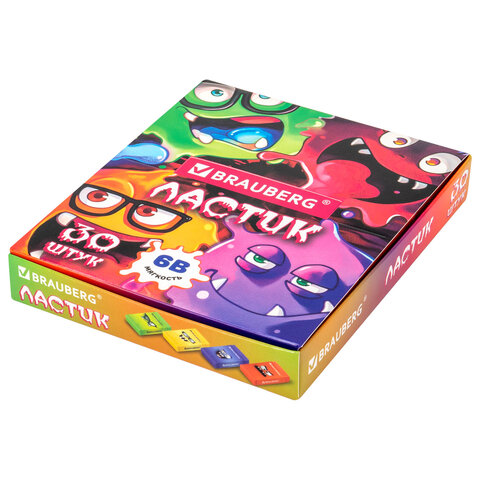 Ластик кросс-серия МОНСТРИКИ, 50х24х10 мм, прямоугольный, картонный держатель, ассорти, ЭКО ПВХ, BRAUBERG, 273236