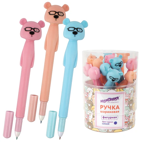 Ручка фигурная шариковая ЮНЛАНДИЯ "Мишка", мягкий силиконовый корпус, ассорти, СИНЯЯ, пишущий узел 0,7 мм, 143780