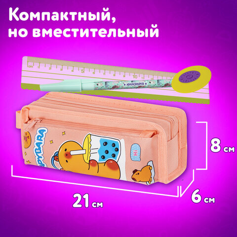 Пенал ЮНЛАНДИЯ ЮНИОР, 2 отделения, с ручкой, полиэстер, "Capybara", 21х8х6 см, 273814