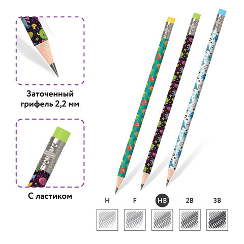 Карандаш чернографитный ЮНЛАНДИЯ "МОНСТРИКИ", 1 шт., HB, с ластиком, корпус ассорти, 181782