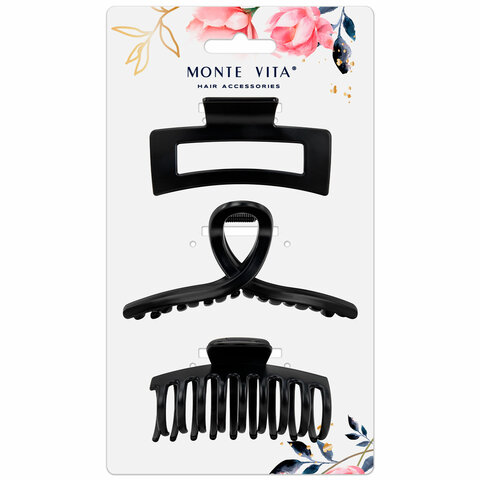 Крабы для волос НАБОР 3 шт., 8,5 см / 8,5 см / 11 см, soft-touch, чёрный, MONTE VITA (МОНТЕ ВИТА), 457032