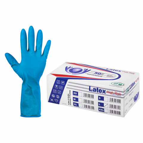 Перчатки латексные смотровые сверхпрочные SFM HIGH RISK ULTRA, Германия, 25 пар (50 штук), размер 8-9, L (большой)
