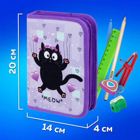 Пенал ПИФАГОР, 1 отделение, 2 откидные планки, полиэстер, 20х14 см, "Falling cat", 272287
