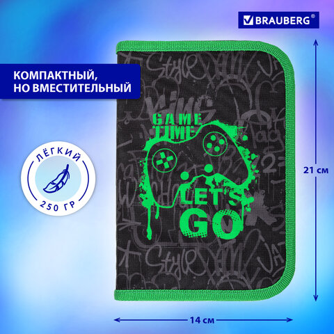 Пенал BRAUBERG, 1 отделение, 2 откидные планки, полиэстер, 21х14 см, "Game time", 272321