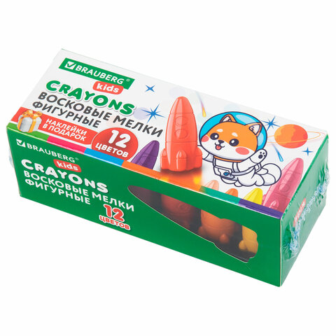 Восковые мелки фигурные BRAUBERG KIDS "РАКЕТА", НАБОР 12 цветов + НАКЛЕЙКИ В ПОДАРОК, 273082