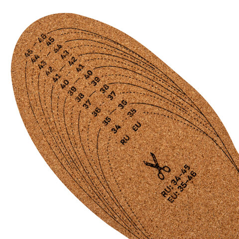 Стельки для обуви из НАТУРАЛЬНОЙ ПРОБКИ, УНИВЕРСАЛЬНЫЙ размер 34-45 / EU 35-46, с линиями выреза, SHEGRA (ШЕГРА), 700734