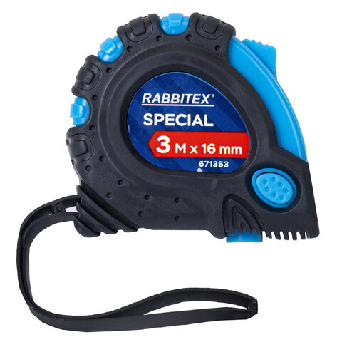 Рулетка измерительная 3 м х 16 мм, обрезиненный корпус, 3 фиксатора, RABBITEX (РАББИТЕКС) Special, 671353