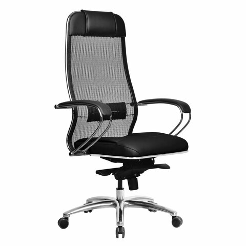 Кресло офисное МЕТТА "SAMURAI" SL-1, сверхпрочная ткань-сетка/экокожа, черное