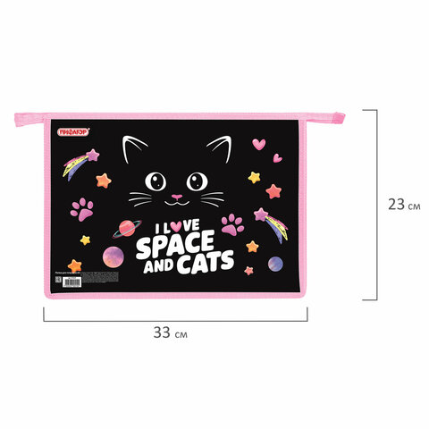 Папка для тетрадей ПИФАГОР А4, 1 отделение, картон/пластик, на молнии, "Dark kitten", 273339