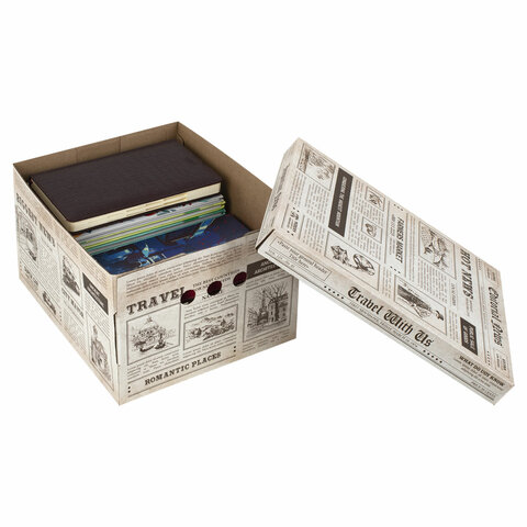 Короб для хранения из плотного микрогофрокартона 330х250х185 мм, КОМПЛЕКТ 4 шт., BRAUBERG HOME "Газета", 271814