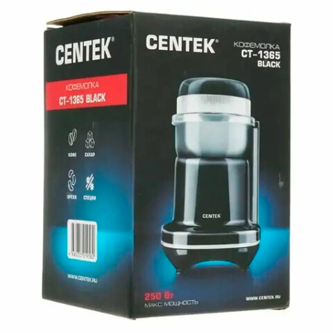 Кофемолка CENTEK CT-1365, мощность 250 Вт, вместимость 70 г, пластик, черная, CT-1365 Black