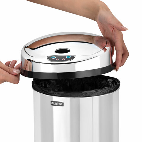 Ведро для мусора СЕНСОРНОЕ 12 л, нержавеющая сталь, зеркальная крышка, питание от 4-х батареек AA (не входят в комплект), LAIMA, 609327