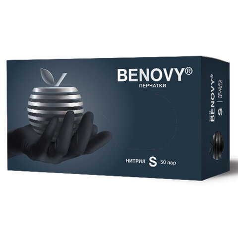 Перчатки нитриловые смотровые 50 пар (100 штук), размер 6-7, S (малый), черные, BENOVY Nitrile MultiColor