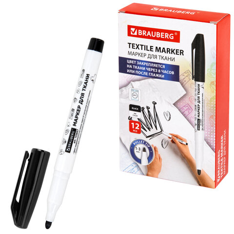 Маркер для ткани ЧЕРНЫЙ, TEXTILE MARKER, несмываемый, круглый наконечник 1-3 мм, BRAUBERG, 152657