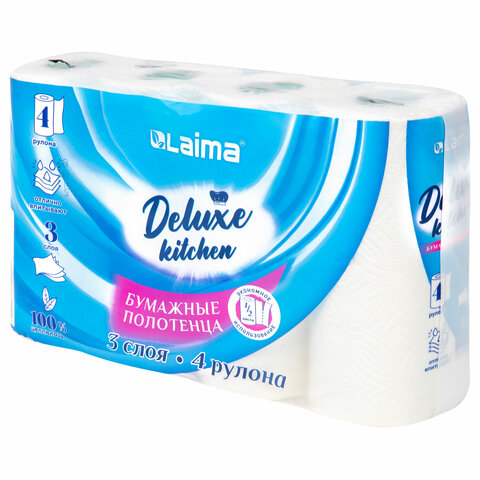 Полотенца бумажные 3-слойные, 4 рулона по 11 м (отрыв 1/2 листа), LAIMA Deluxe, 100% целлюлоза, 115400