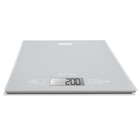 Весы кухонные CENTEK CT-2462 SILVER, электронный дисплей, max вес 5 кг, тарокомпенсация, стекло, CT-2462 Silver