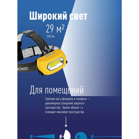 Фонарь налобный аккумуляторный КОСМОС 3 Вт СОВ, Li-pol, заряд от USB, KOC-LiPoH3WCOB