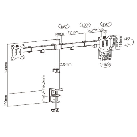 Кронштейн для двух мониторов настольный VESA 75х75, 100х100, 17"-32", до 16 кг, SONNEN STATIC, 455943