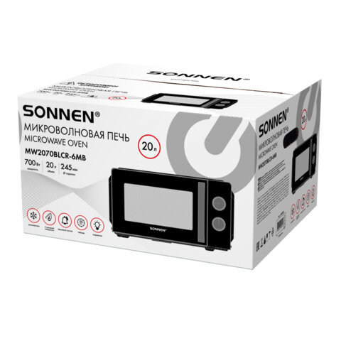 Микроволновая печь SONNEN MW2070BLCR-6MB, 20 л, 700 Вт, таймер, механическое управление, ручка, черная/хром, 454982